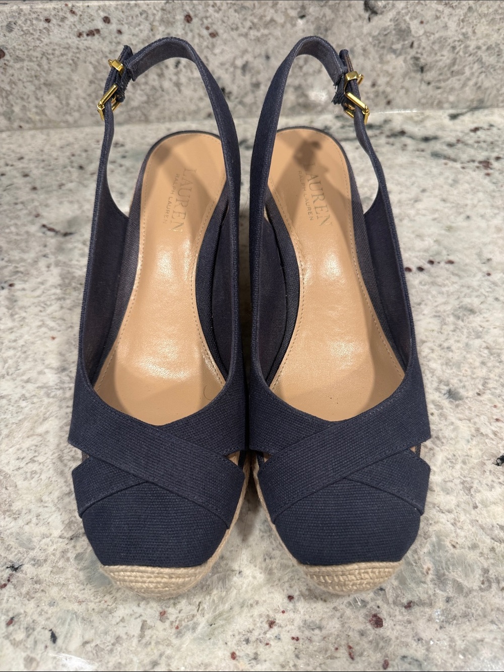 Ralph Lauren Navy Canvas Espadrille Slingback Wedges
